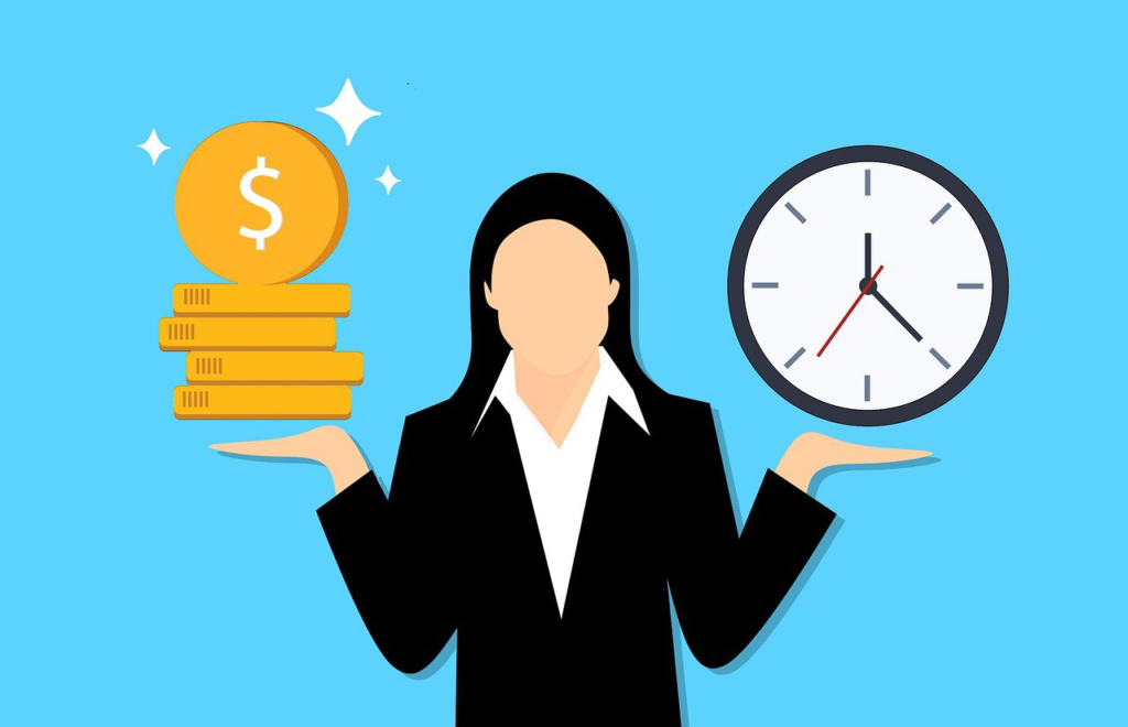  an illustration where a woman is holding time in one hand and money in another
